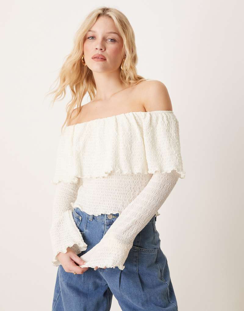 ASOS DESIGN wavy textured bardot top with fluted cuff detail in cream Asos Design