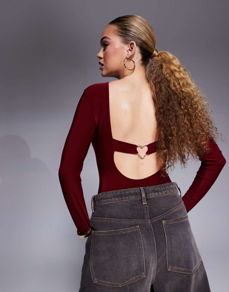 ASOS DESIGN fitted scoop back bodysuit with heart detail in burgundy Asos Design