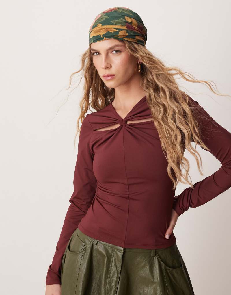 ASOS DESIGN knot detail polyamide top in burgundy Asos Design