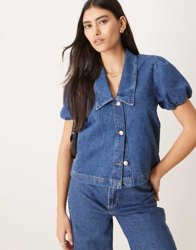 ASOS DESIGN collared shirt with puff sleeves in mid blue Asos Design