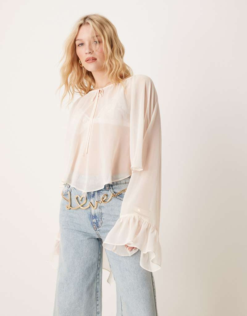 ASOS DESIGN chiffon boho volume hem gathered blouse in cream Asos Design