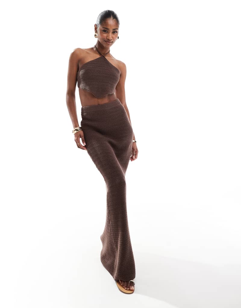 4th & Reckless knitted high waisted maxi beach skirt in chocolate brown - part of a set 4Th & Reckless