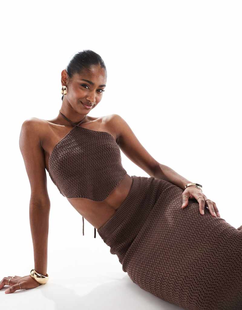 4th & Reckless knitted halterneck cropped beach scarf top in chocolate brown - part of a set 4Th & Reckless