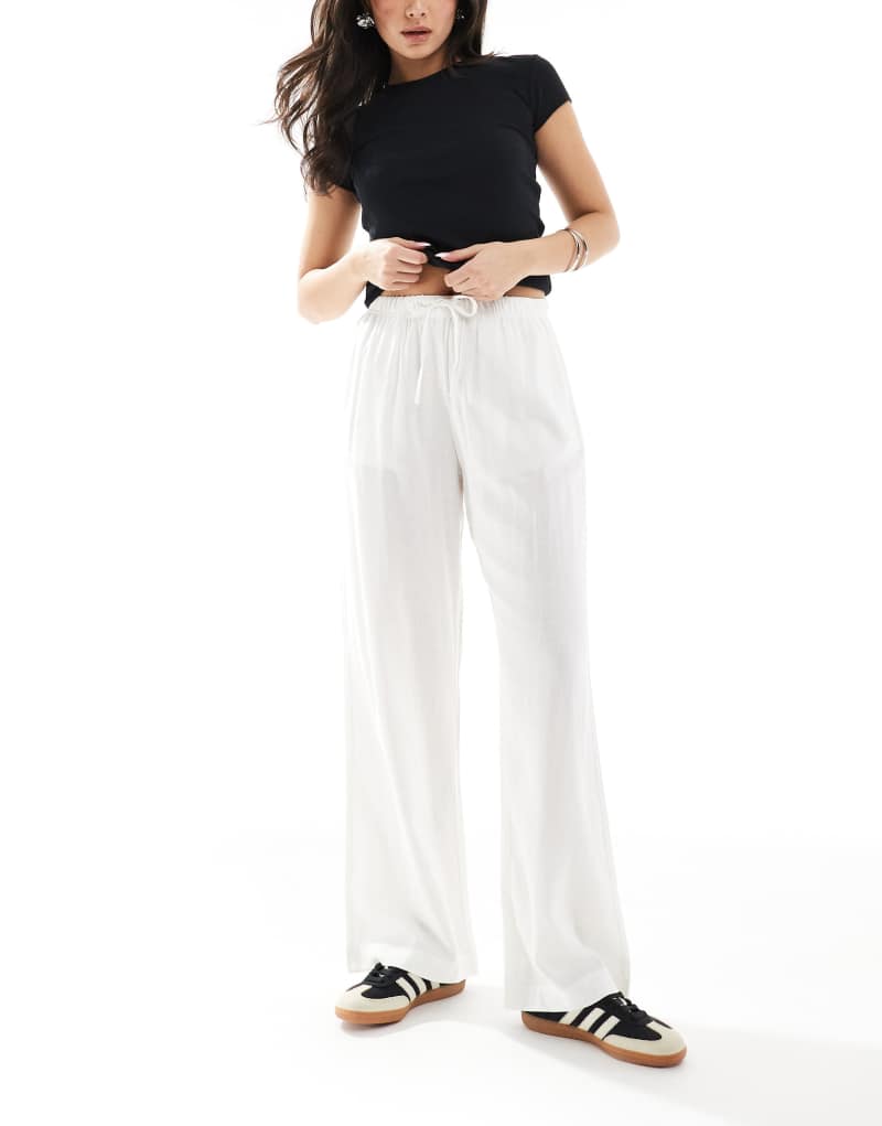 Bershka tie waist wide leg linen pants in white Bershka