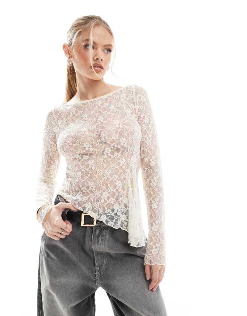 Bershka asymmetric lace top in ecru Bershka