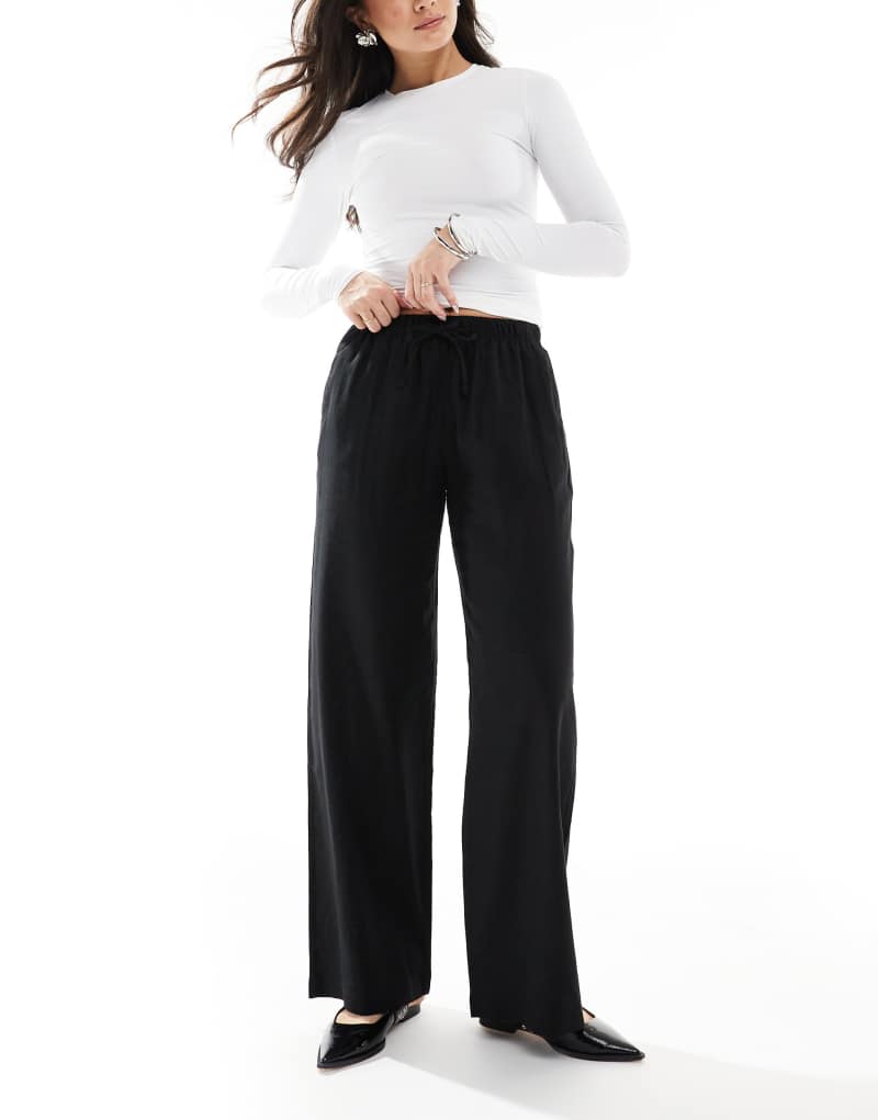 Bershka tie waist wide leg linen pants in black Bershka