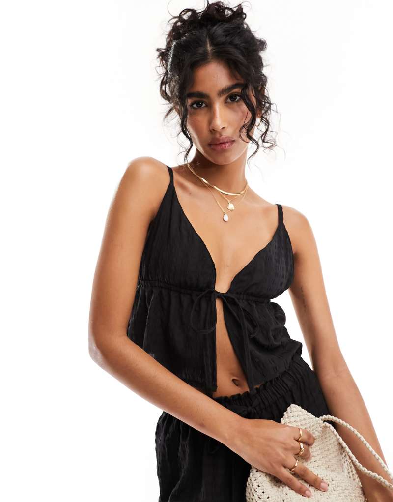 Esmée Exclusive beach textured tie front top in black - part of a set Esmée