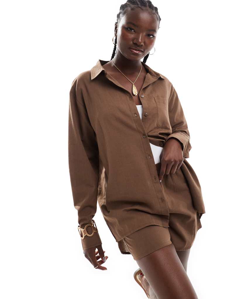 Esmée Exclusive oversized long sleeve beach shirt in coffee - part of a set Esmée