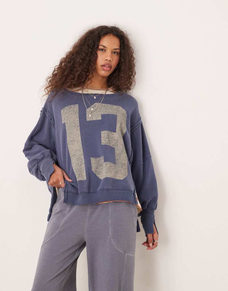 Free People number graphic oversized sweat in washed navy Free People