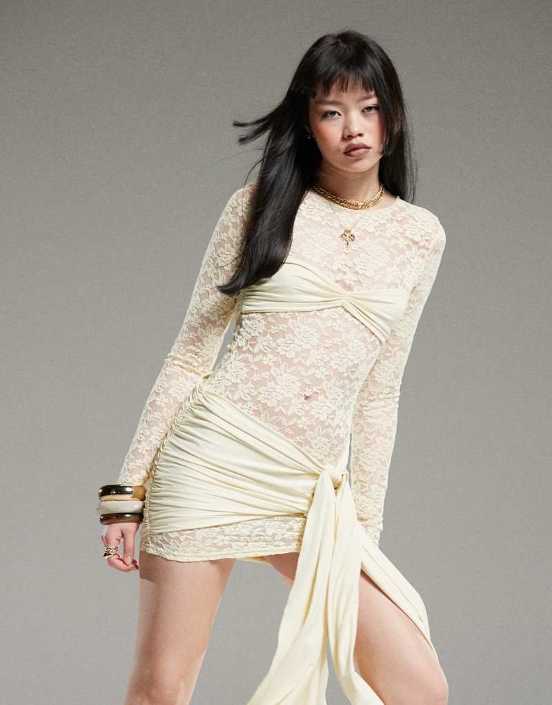 Lioness long sleeve drape tie skirt detail lace mini dress in butter yellow Lioness