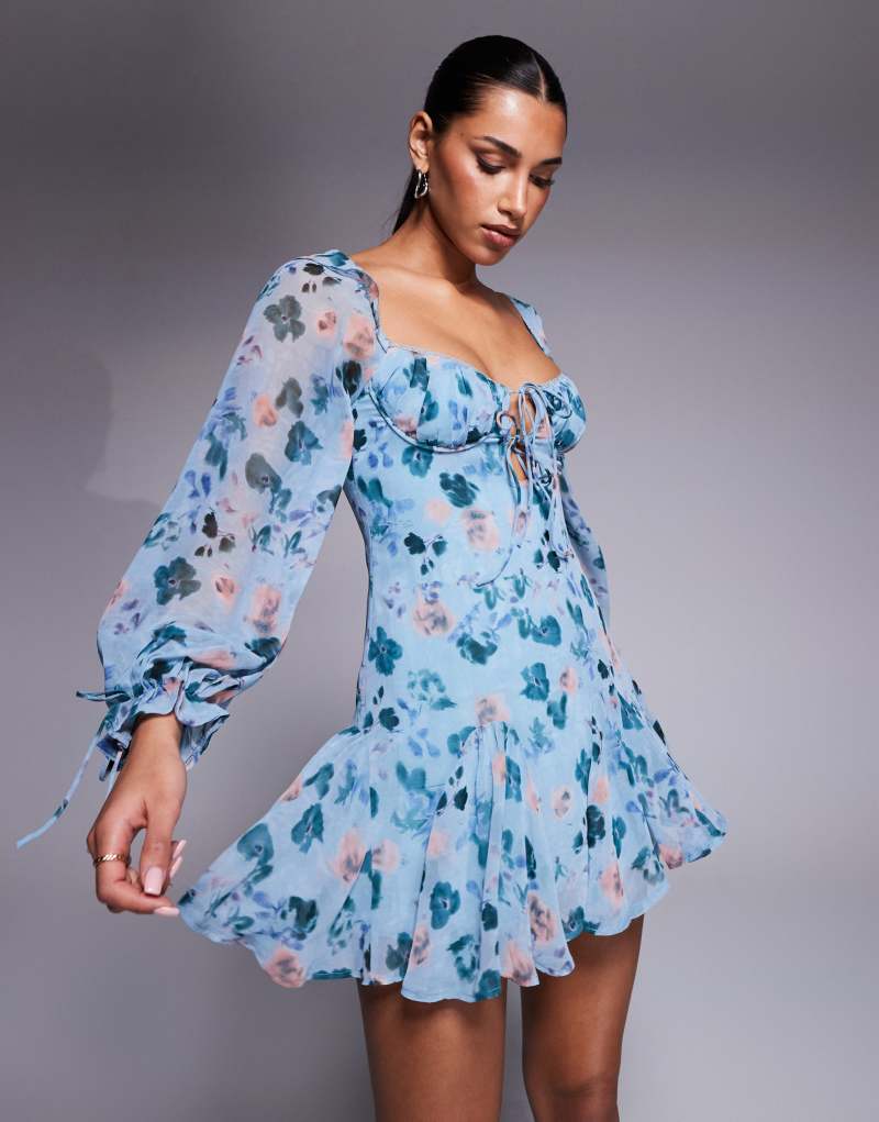 Love Triangle milkmaid mini dress with tie detail in blue floral Love Triangle