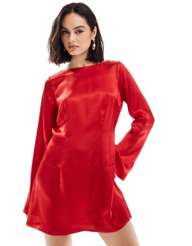 Miss Selfridge satin fit and flare long sleeve dress in red Miss Selfridge