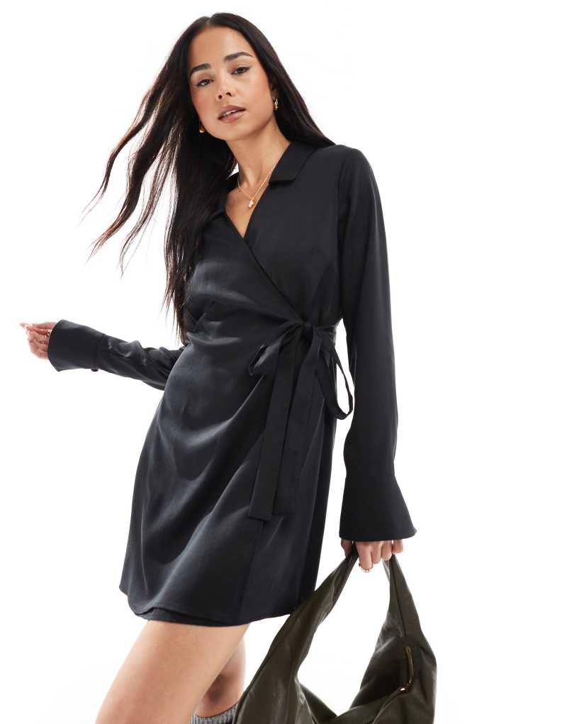 Miss Selfridge collared wrap shirt dress in black Miss Selfridge