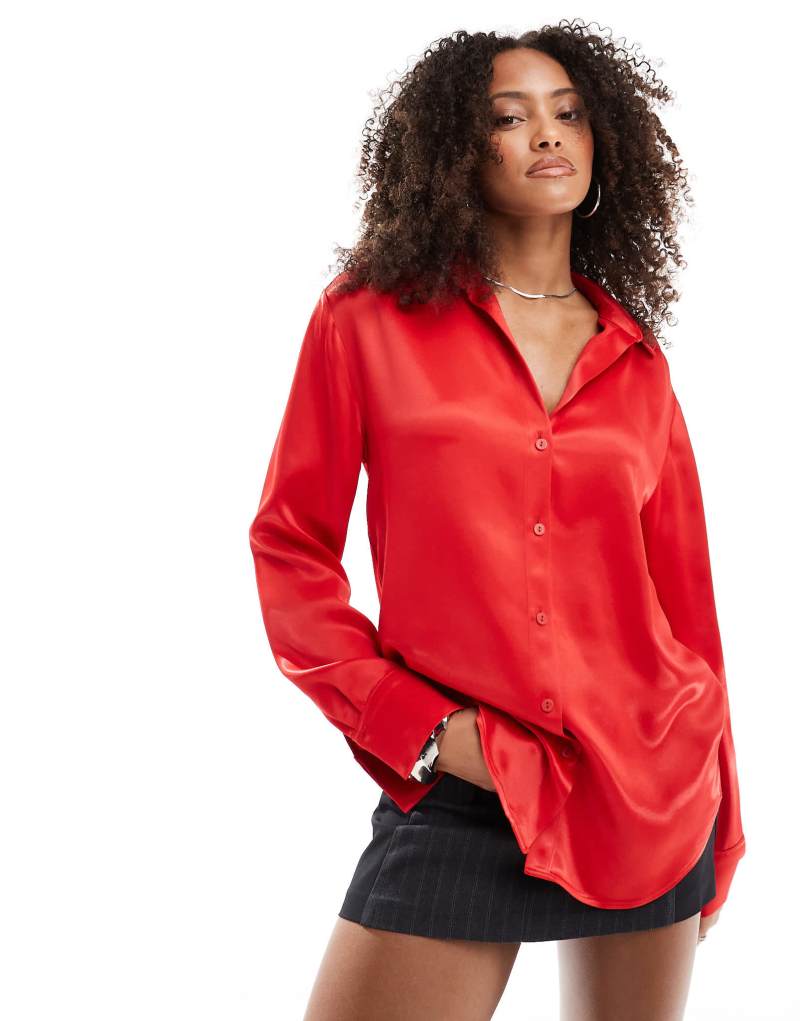 Miss Selfridge oversized button down satin shirt in red Miss Selfridge