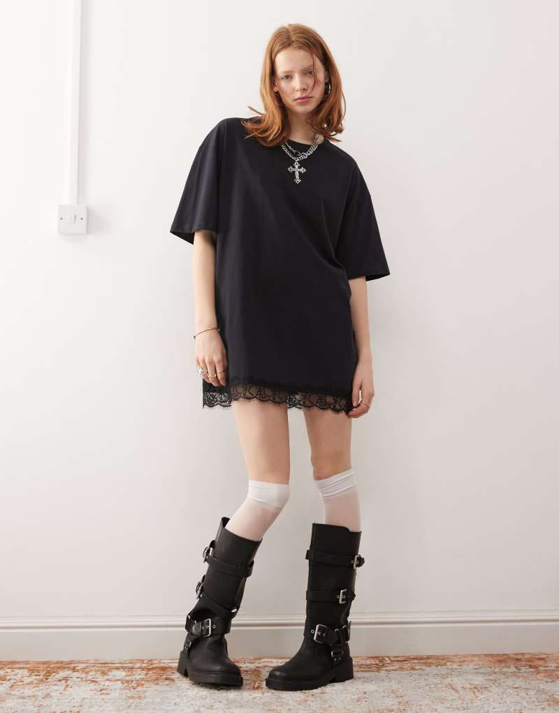 Noisy May oversized t-shirt dress with lace trim in black Noisy May