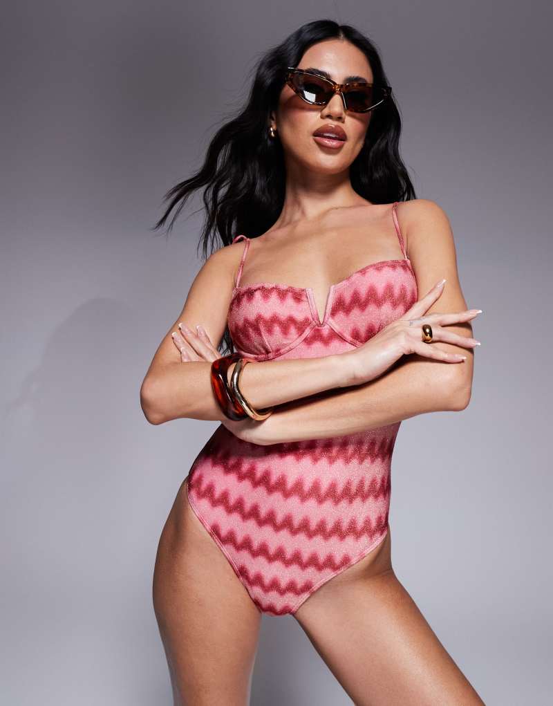 South Beach glitter chevron print underwire swimsuit in pink South Beach