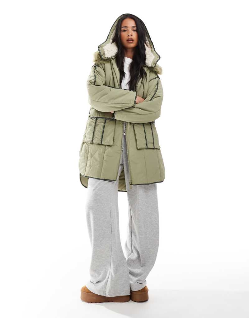 Scalpers Pipping Puffer Coat In Light Khaki   Scalpers