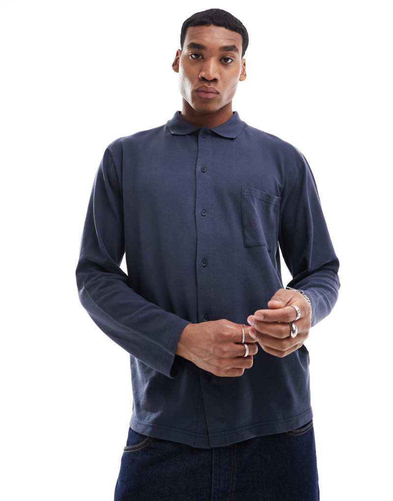 Scalpers Pique Cardigan Long Sleeve Polo In Dark Blue   Scalpers