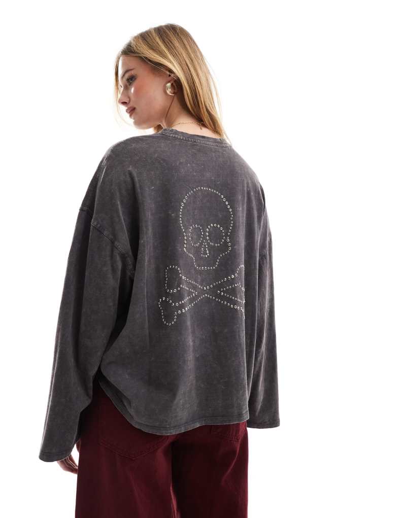 Scalpers Marble Long Sleeve Skull Tee In Dark Gray   Scalpers