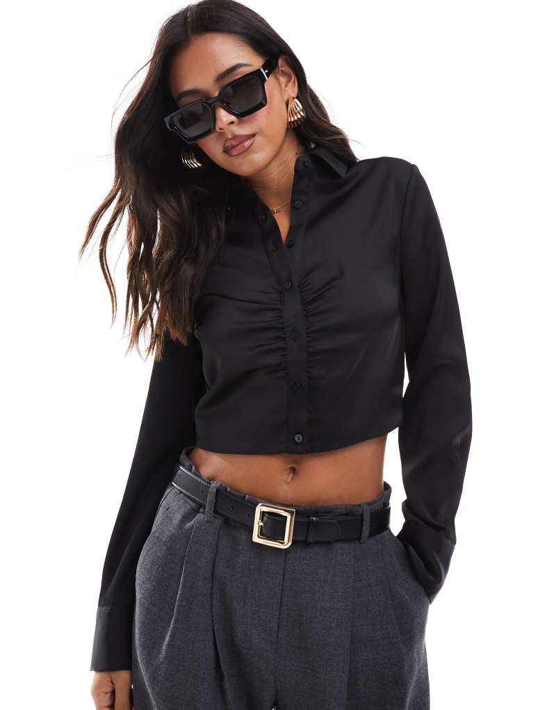 Stradivarius ruched detail cropped shirt in black Stradivarius