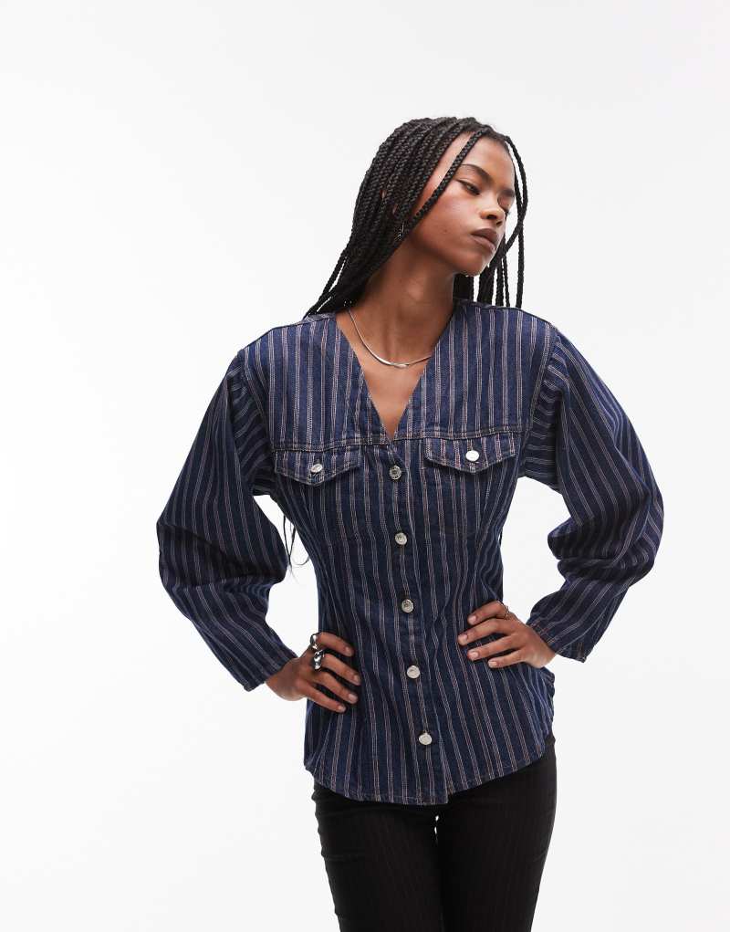 Topshop red stripe cinched denim shirt in indigo Topshop