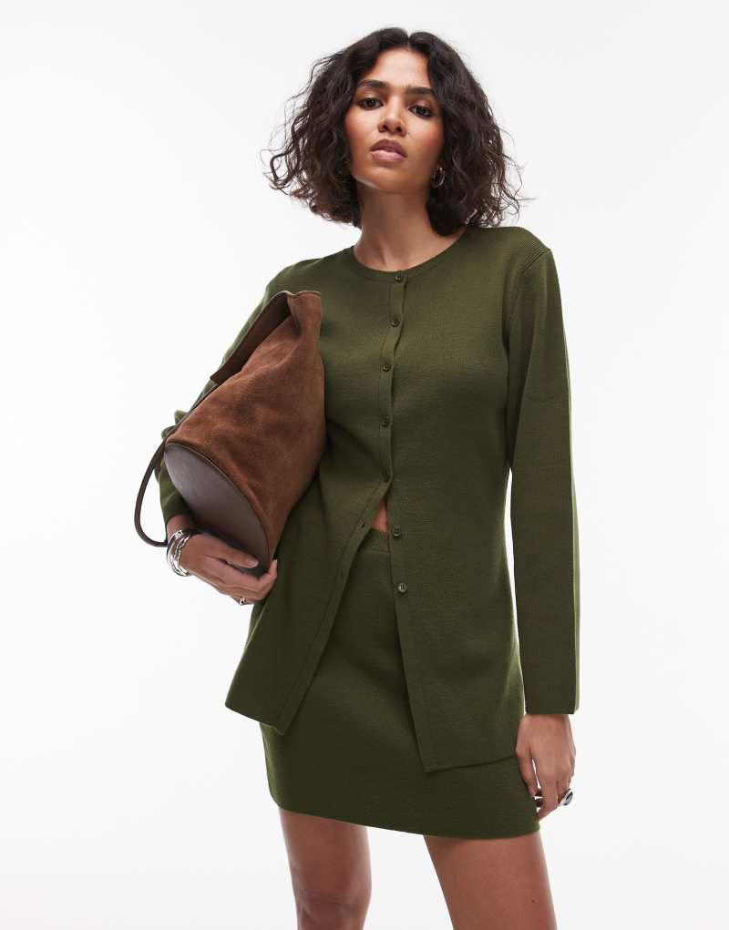 Topshop compact knit longline cardigan in olive Topshop