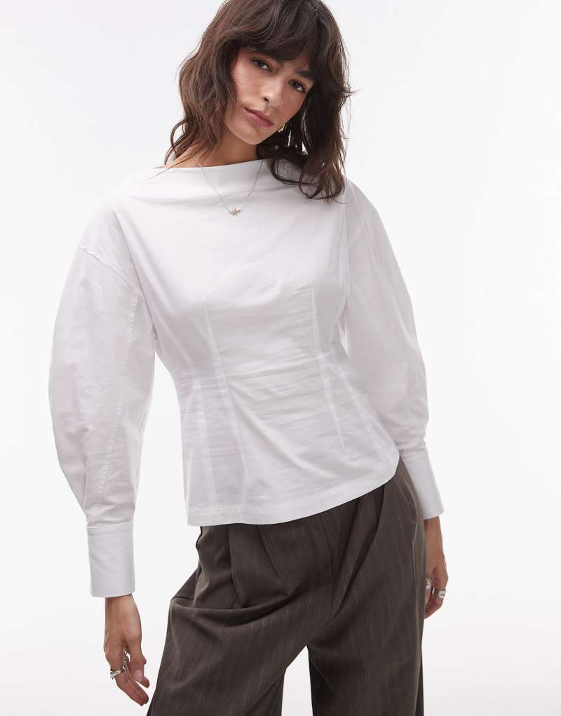 Topshop poplin barrel sleeve cinch top in white Topshop