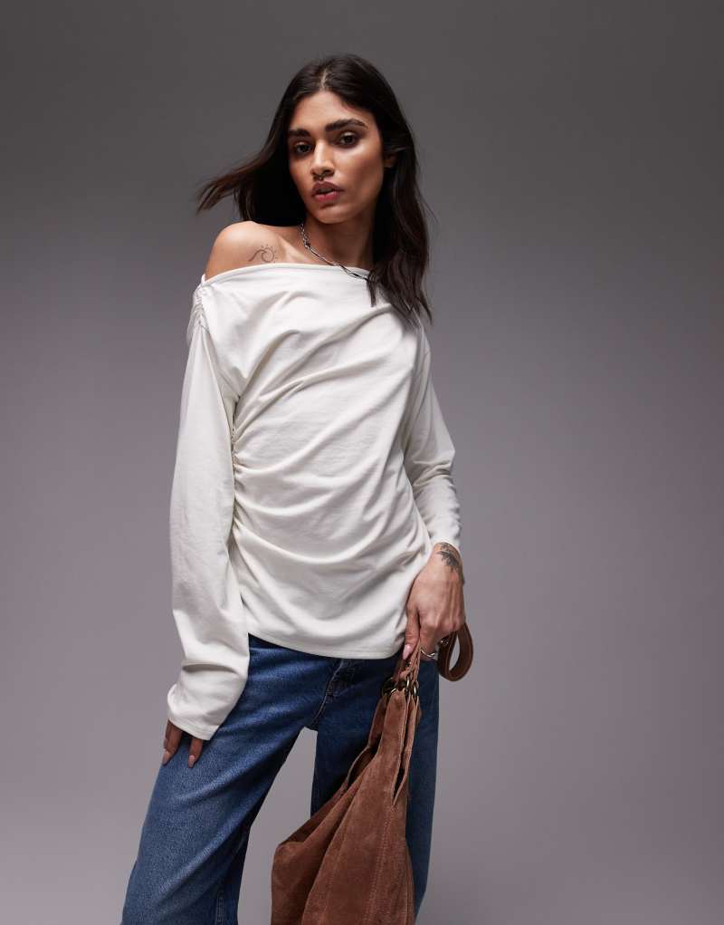 Topshop asymmetrical slash neck long sleeve top in off white Topshop