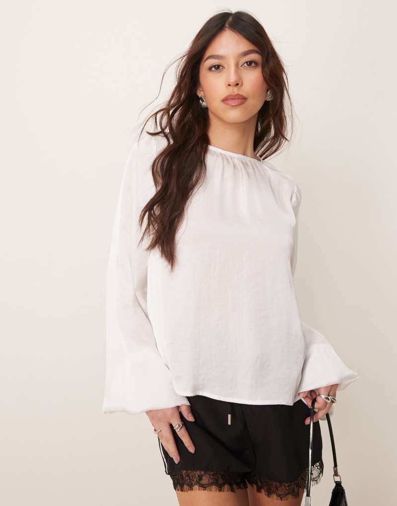 ASOS DESIGN satin volume sleeve blouse in ivory Asos Design