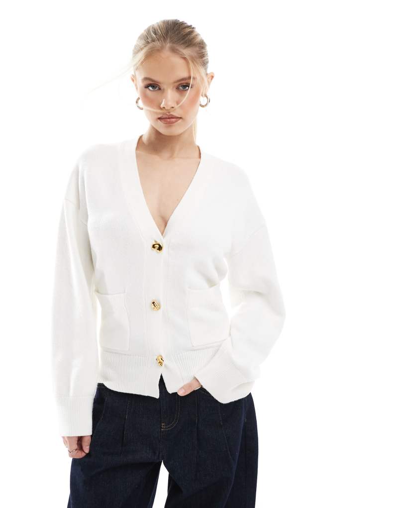 4th & Reckless structured v neck gold button detail cardigan in cream 4Th & Reckless