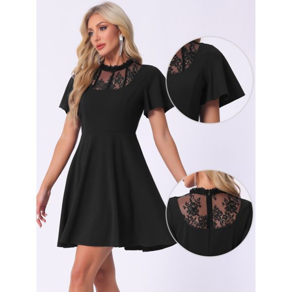 Women's Lace Mesh Flutter Sleeve Hight Neck Casual Midi Dress Allegra K