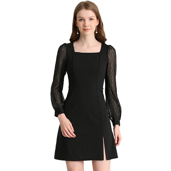 Women's Square Neck Split Side Semi-Sheer Puffy Sleeve Mini A-Line Dress Allegra K