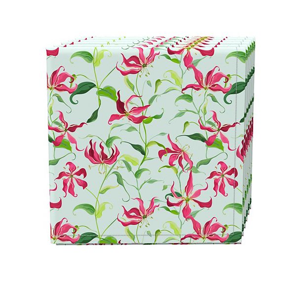 Napkin Set, 100% Polyester, Set of 4, 18x18", Fire Lily Flowers and Leaves Fabric Textile Products