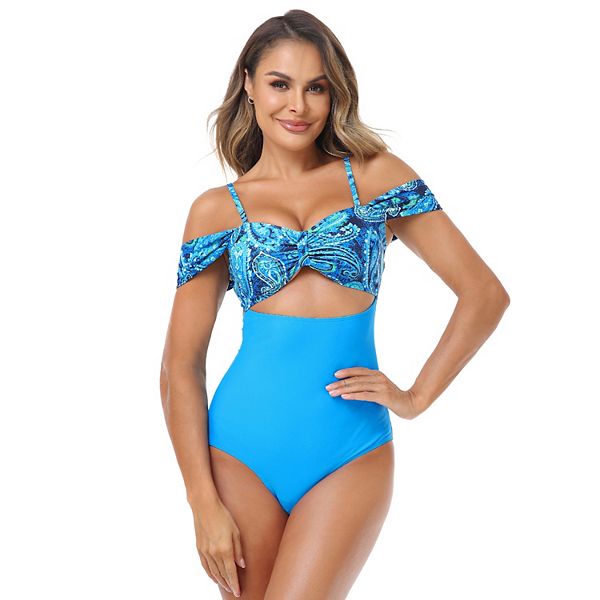 Women's Off Shoulder Color Block One Piece Swimsuits Cutout Scallop Trim Swimwear Missky