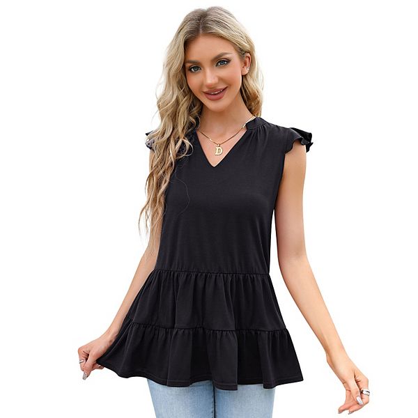 Ruffle Cap Sleeve Tunic Tops for Women Loose Babydoll Shirt Blouse Kojooin