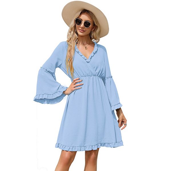 Women's Long Sleeve Dress Wrap V-neck Bell Sleeve A-line Mini Dress Ruffle Flowy Swing Dresses Missky