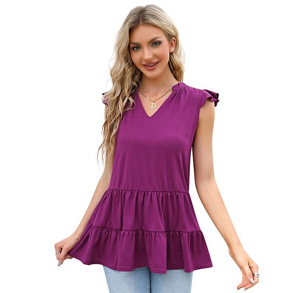 Ruffle Cap Sleeve Tunic Tops for Women Loose Babydoll Shirt Blouse Kojooin