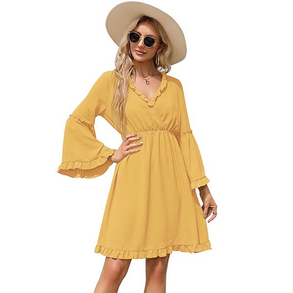 Women's Long Sleeve Dress Wrap V-neck Bell Sleeve A-line Mini Dress Ruffle Flowy Swing Dresses Missky