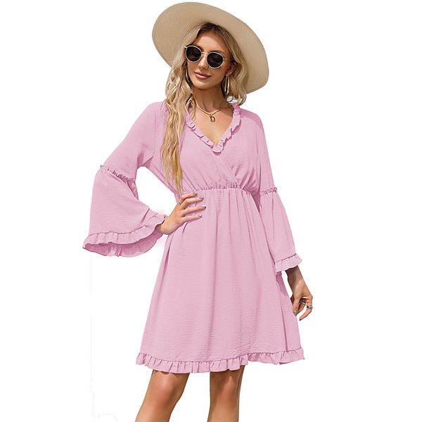 Women's Long Sleeve Dress Wrap V-Neck Bell Sleeve A-line Mini Dress Ruffle Flowy Swing Dresses Missky