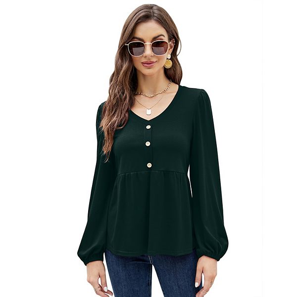 Women's Casual Lantern Long Sleeve Tunic Tops Henley V Neck Button Shirt Peplum Ruffle Blouse Missky