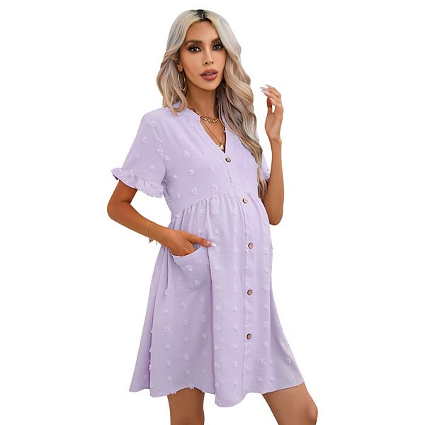 Maternity Swiss Dot Dress Summer V Neck Short Sleeve Button Down Mini Dress With Pockets Missky