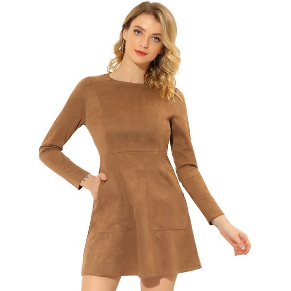 Women's Faux Suede Round Neck Long Sleeve Pockets A-Line Mini Dress Allegra K