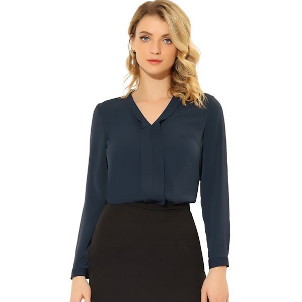 Women's Elegant Triple Pleat Long Sleeve V-neck Chiffon Office Blouse Top Allegra K