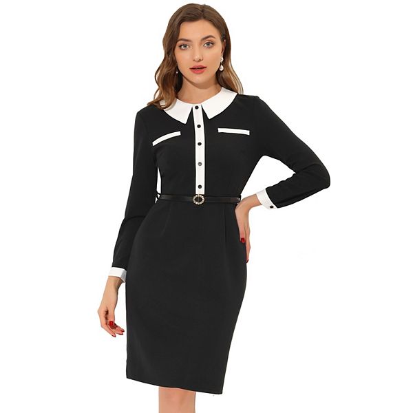 Women's Elegant Contrast Collar Long Sleeves Below the Knee Dress Allegra K