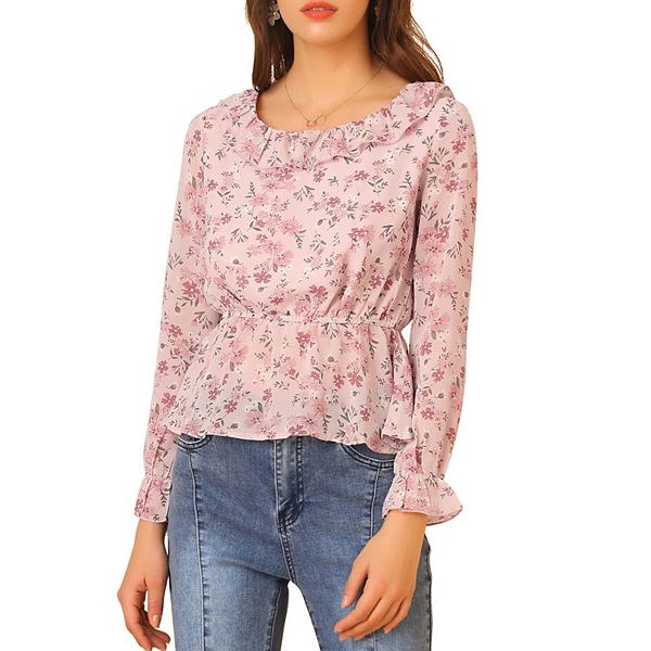 Women's Long Sleeve Ruffle Floral Peplum Top Chiffon Blouse Allegra K