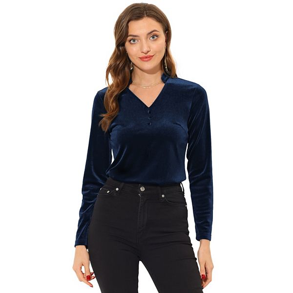 Casual Velvet Top For Women's Office Soft Long Sleeve V Neck T-shirt Allegra K