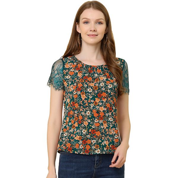 Women's Pleated Neckline Lace Pannel Short Sleeve Floral Print Blouse Tops Allegra K