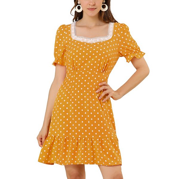 Women's Dots Print Square Neck Ruffle Hem Above Knee Casual Dress Allegra K