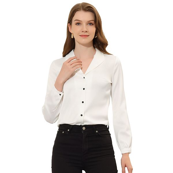 Women's Elegant Workwear Turndown Collar Button Front Long Sleeve Satin Shirt Allegra K