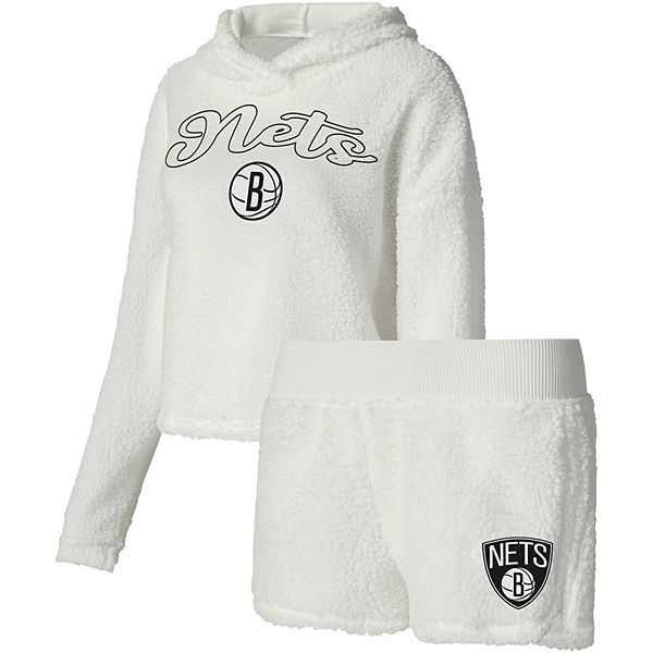 Women's College Concepts Cream Brooklyn Nets Fluffy Long Sleeve Hoodie T-Shirt & Shorts Sleep Set Unbranded